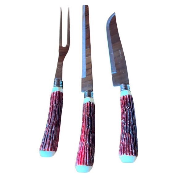 VINTAGE 3-Piece Hollow Ground Carving Set With Faux Stag Horn Handles - Picture 1 of 8
